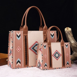 Boho cotton linen tote bags set with geometric prints and brown leather handles