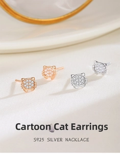 Close-up of S925 silver cat earrings in rose gold and silver finish with white zircon