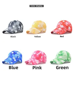 Color display of tie-dye cotton baseball caps featuring white star patterns in six shades