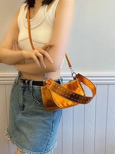 Metallic Glossy PU Leather Underarm Bag Y2K Rivet Studded Shoulder Handbag For Women Fashion