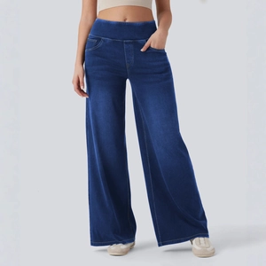 Dunkelblaue Damen-Jeans mit hoher Taille und weitem Bein für eine schlanke Silhouette