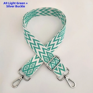 Detail of adjustable light green wave pattern bag strap with silver metal swivel hooks