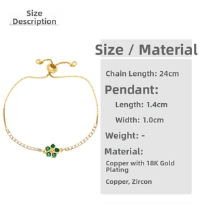 Detail of adjustable 18K gold plated copper bracelet with green zircon flower charm