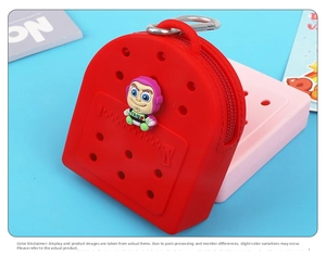 Detail of red silicone hole bag coin purse featuring Buzz Lightyear and metal carabiner