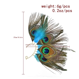 Detailed size chart for peacock feather ear cuff showing height 27cm and weight 6g