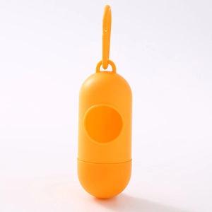 Orange capsule-shaped pet waste bag dispenser with hook and easy access opening