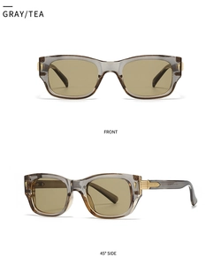 Front and side view of classic pilot sunglasses with transparent grey and tea frame