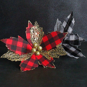 Christmas checkered flower pick with red plaid leaves and golden glitter berries