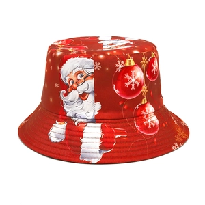 Christmas Santa Claus Pattern Bucket Hat Polyester Foldable Sun Protection Outdoor Casual Festival Headwear Unisex Red