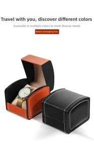 Detail of PU leather watch box with contrast stitching and soft velvet cushion