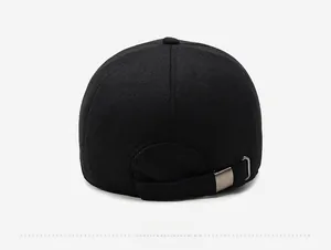 Rear view of black cotton baseball cap showing adjustable metal buckle and strap detail