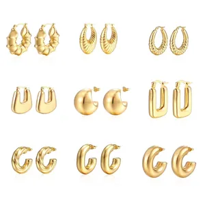 Stainless Steel Hoop Earrings For Women Hollow Geometric 18K Gold Plated Minimalist Chunky Waterdrop Heart Fashion Jewelry
