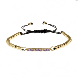 Adjustable black Milan rope bracelet with gold-plated bar and purple zirconia stones