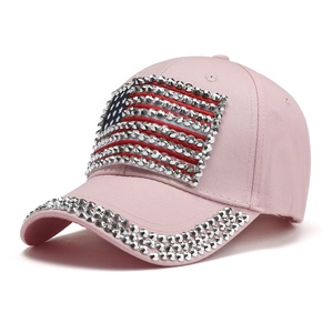 Pink canvas baseball cap with rhinestone US flag pattern and studded brim for women