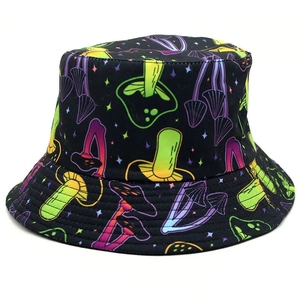 Unisex black bucket hat with vibrant neon mushroom print and starry elements for sun protection