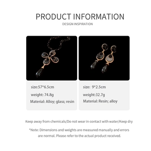 Detailed view of vintage flower bead necklace and teardrop earrings with dimensions