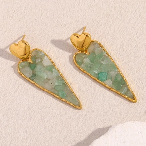 Vintage 18K gold plated stainless steel heart earrings with green and white crushed stones