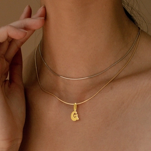 Double layered gold snake chain necklace with G pendant and silver accent on neck
