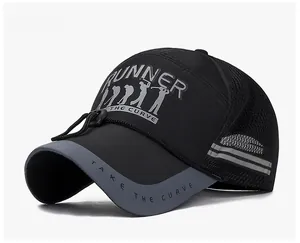 Detail of breathable mesh panels and reflective stripes on the black sun hat for men