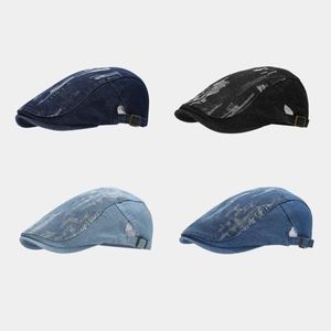 Vintage Washed Denim Flat Cap Distressed Destroyed Beret Hat Adjustable Metal Buckle Streetwear For Men Women