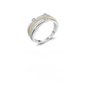Macro view of S925 sterling silver ring with multi-layer crossed lines and sparkling stones