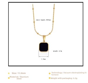 Detailed specs of square black pendant necklace in 18k gold plated titanium steel