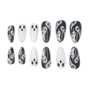 3D embossed Halloween ghost press-on nails in black and white almond shape, 24pcs set
