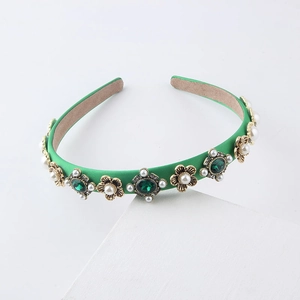 Luxurious green satin headband featuring emerald rhinestones and vintage flower pearls