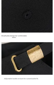 Détail de la casquette noire avec boucle métallique et œillets brodés