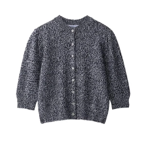 Classic puff sleeve knit cardigan in grey and white heather pattern with round neck