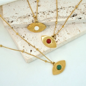 Polished stainless steel evil eye necklace with colorful natural stone and beaded chain