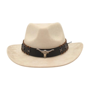 Classic beige felt cowboy hat with brown leather band and silver bull head ornament