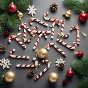Close-up of red and white striped Christmas candy cane ornaments with gold hanging strings