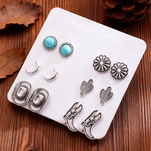 Lot de 6 paires de boucles d'oreilles vintage style western avec turquoise et chapeau