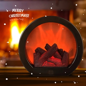 Round realistic fireplace lantern with glowing firewood effect for Christmas decor