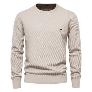 Detailed view of the off-white crewneck sweater featuring a textured diagonal knit pattern