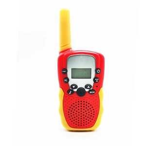 Handheld red and yellow children's walkie-talkie toy with functional buttons and LCD screen