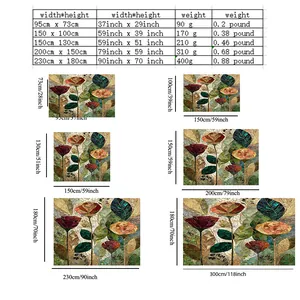 Size chart showing birch tree tapestry dimensions and weight in centimeters and inches