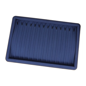 Dark blue PU jewelry display tray with 17 black metal hooks for necklace storage