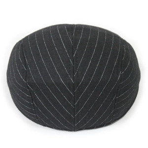 Detailed back view of a classic black pinstriped flat cap with white vertical lines