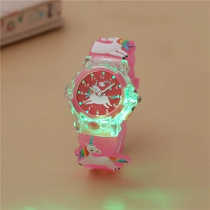 Orologio per bambini in silicone rosa con luce LED e motivo a unicorno