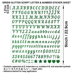 Size chart for 0.5-inch green glitter alphabet and number stickers with dimension markings