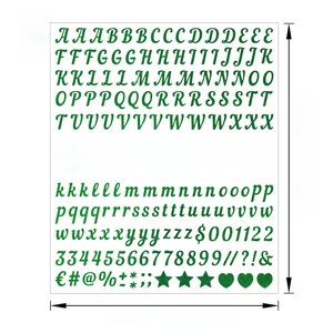 Size chart for 0.5-inch green glitter alphabet and number stickers with dimension markings
