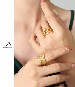 Detail of chunky link chain rings in 18K gold plated stainless steel on hand