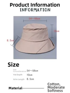 Detailed size chart for cotton sun hat showing brim, depth, and circumference measurements