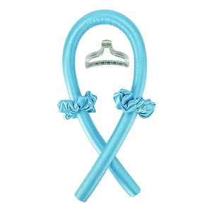 Blue satin heatless hair curler set with two matching scrunchies and a clear hair claw clip