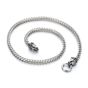 Vintage punk silver steel dragon bone chain necklace with detailed lion head ends