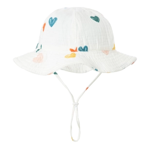 Detail of baby cotton sun hat with heart print and adjustable drawstring toggle