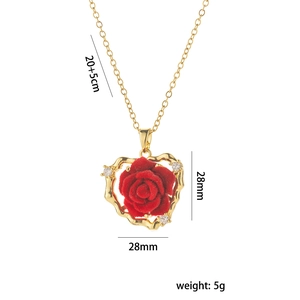 Luxury 18K rose gold heart necklace with red rose pendant and size specifications
