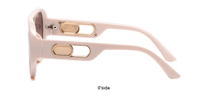 Side view of oversized nude pink sunglasses featuring wide arms with gold oval metal hardware